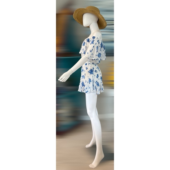 Blue and white floral off shoulder romper XS S M L - Picture 3 of 4